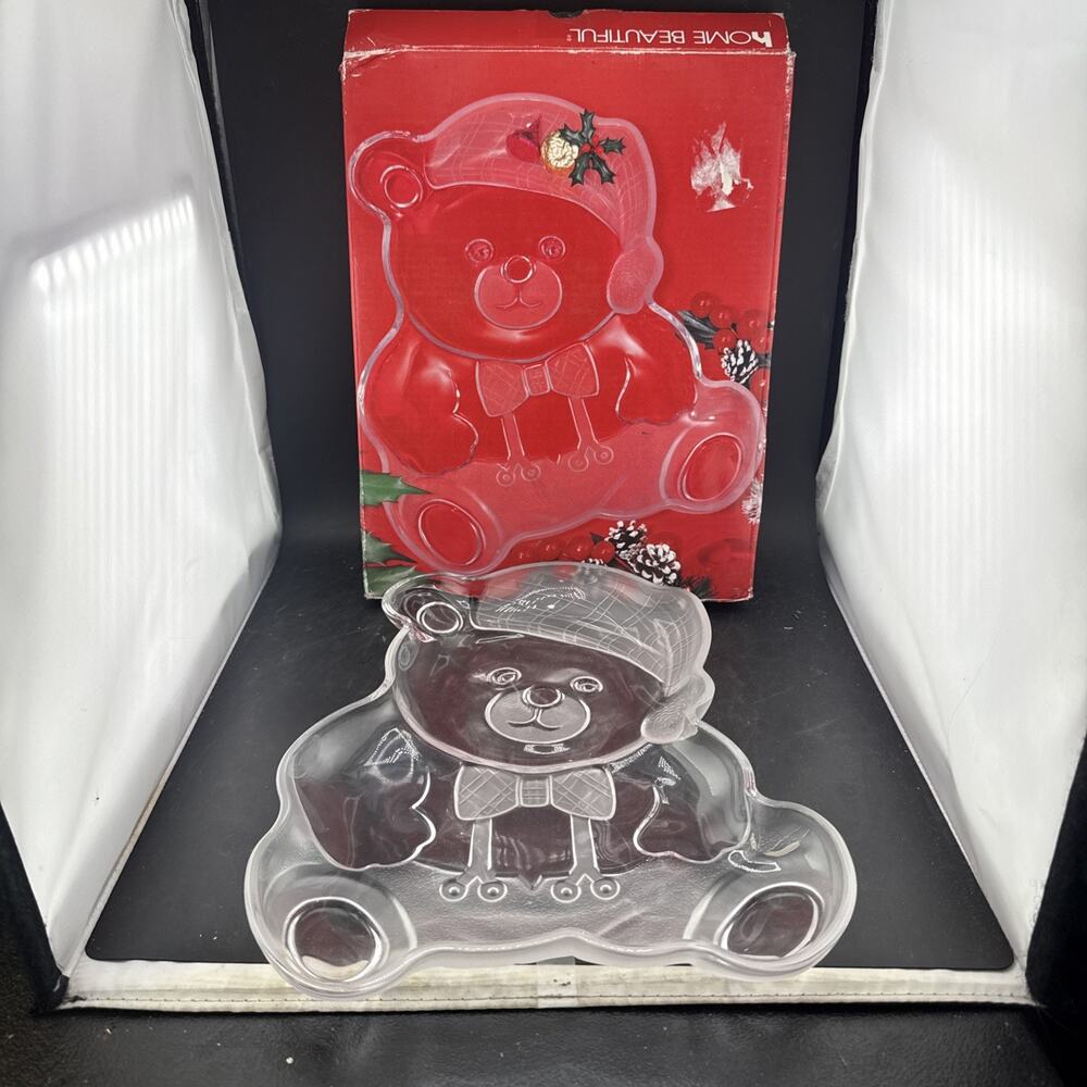 VTG Home Beautiful Holiday Teddy Bear Crystal Glass Platter Plate NIB 11.5"
